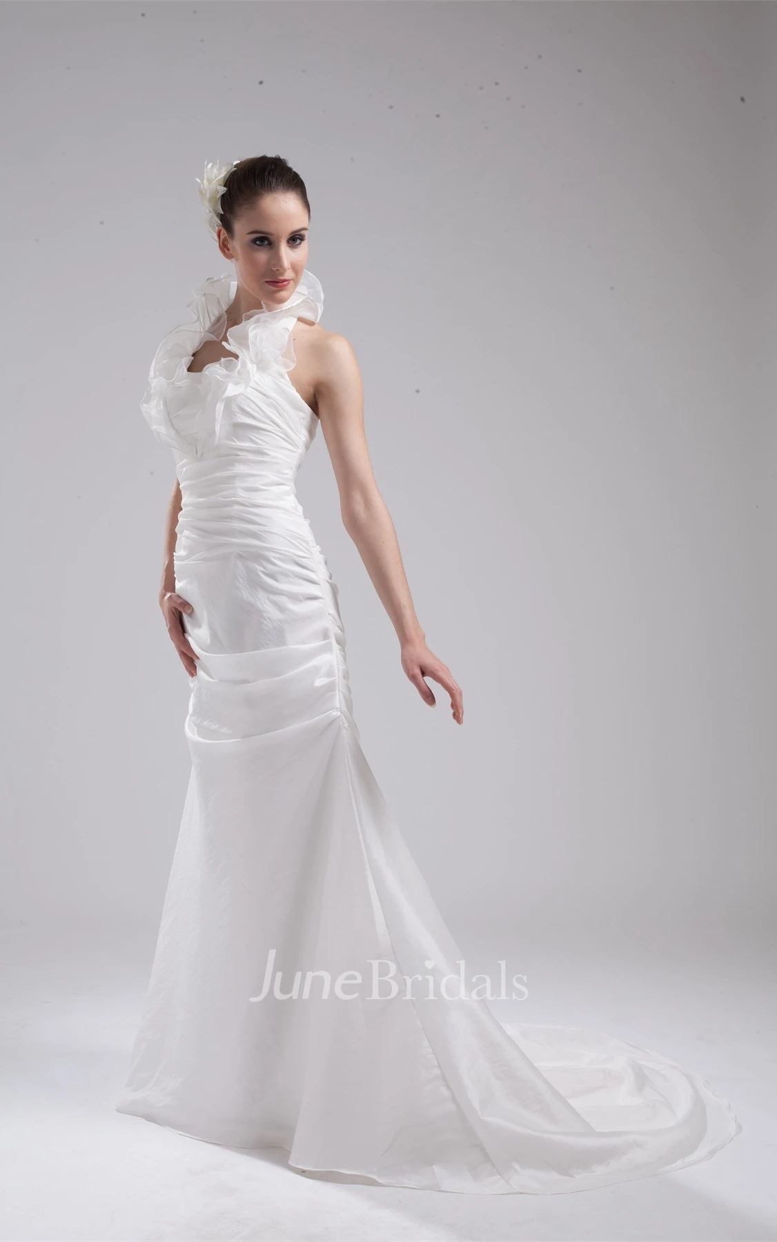 Sleeveless Ruched Mermaid Dress with Ruffled Neckline