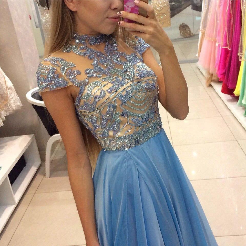Delicate Beadings Chiffon A-line Prom Dress Cap Sleeve Sweep Train