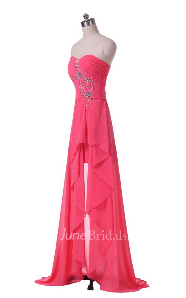 Strapless Front Slit Dress With Draping and Appliques
