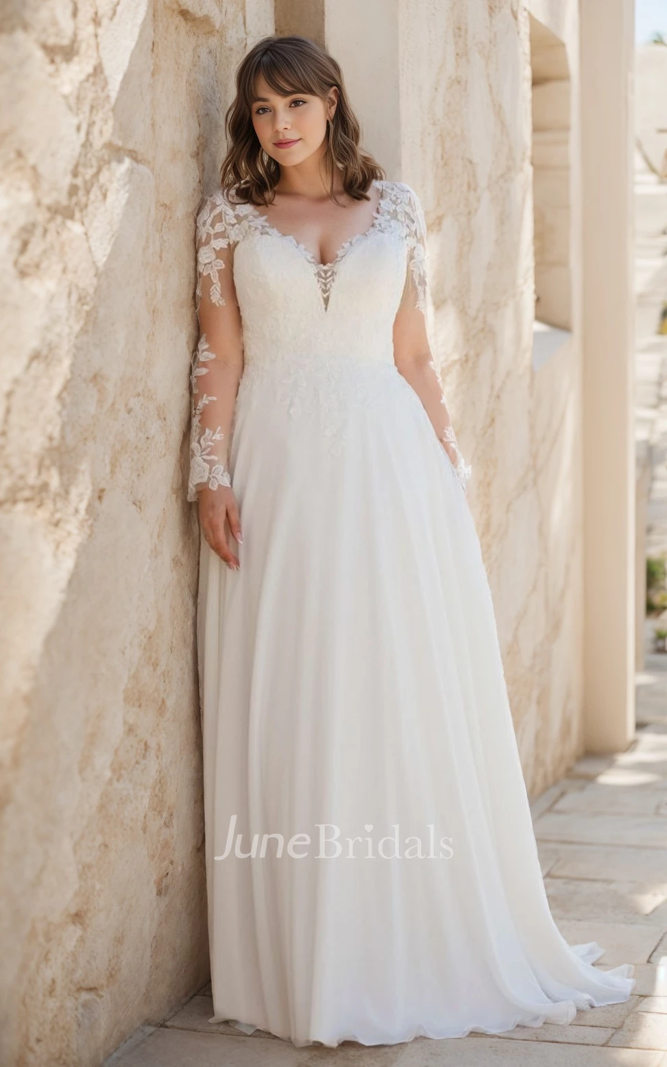 Classic Lace Long Sleeve A-Line Wedding Dress for Curvy Brides Deep V-Neck Romantic Bridal Gown