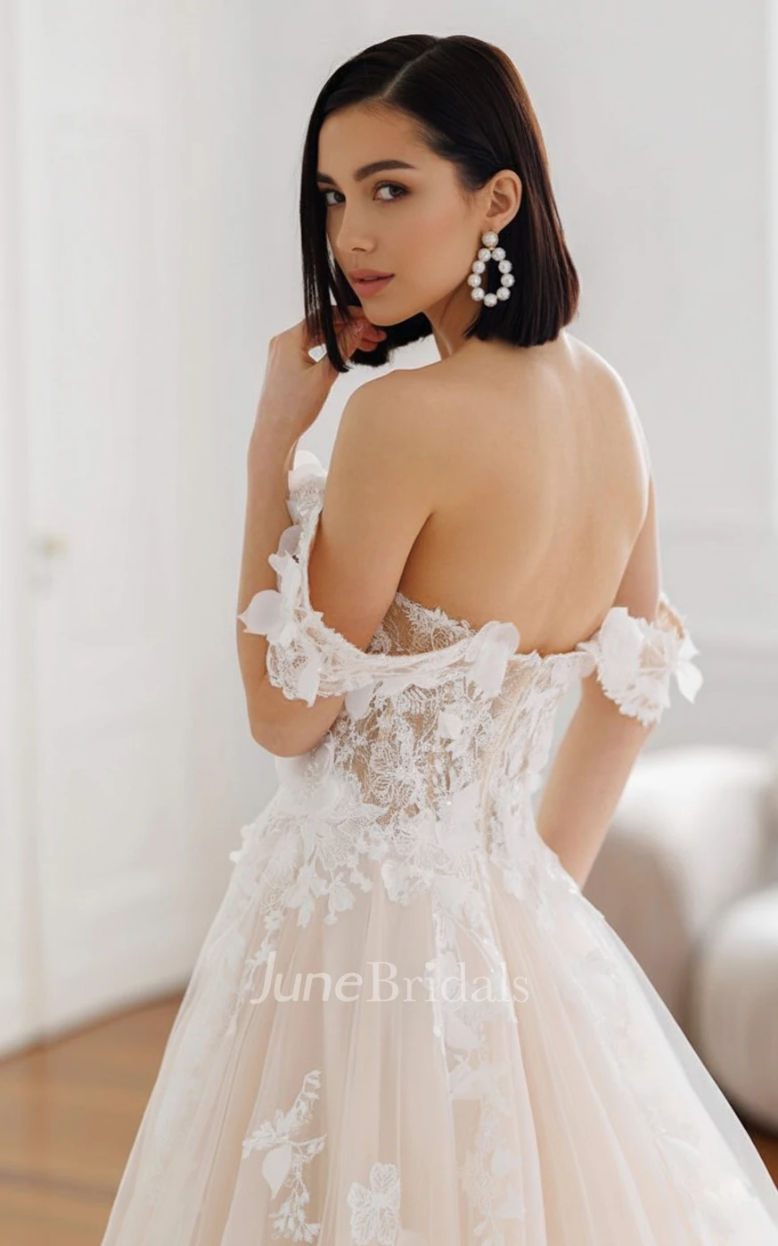 Romantic Off Shoulder A-Line Wedding Dress with Floral Lace Appliques and Tulle Skirt Garden Ceremony Bridal Gown