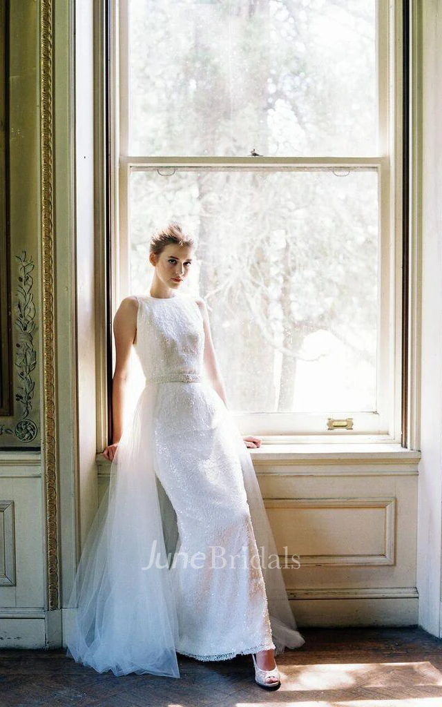 Jewel Sleeveless Lace Pencil Dress With Detachable Train