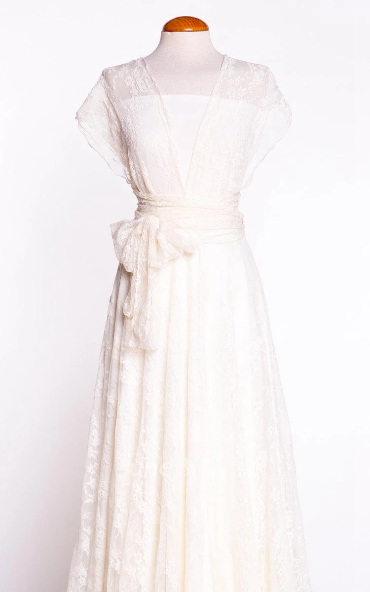 Convertible A-Line Pleated Lace Cap Dress With Bow