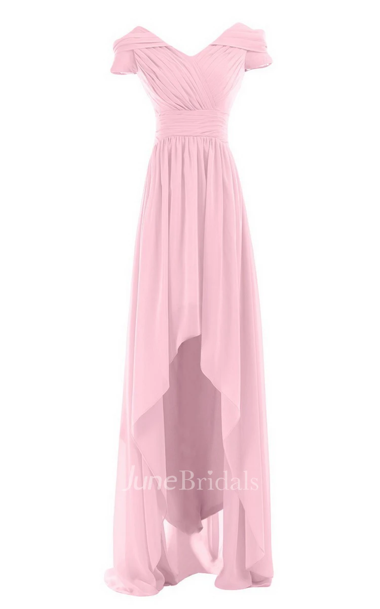 Short-sleeved Highlow Empire Ruched Chiffon Dress