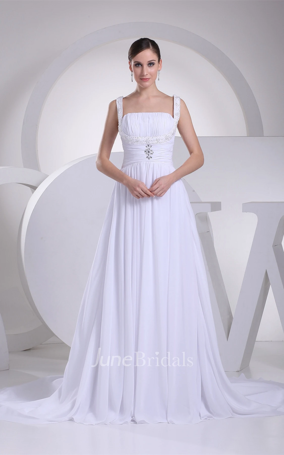 Strapped Chiffon Long Dress with Broach and Pleats