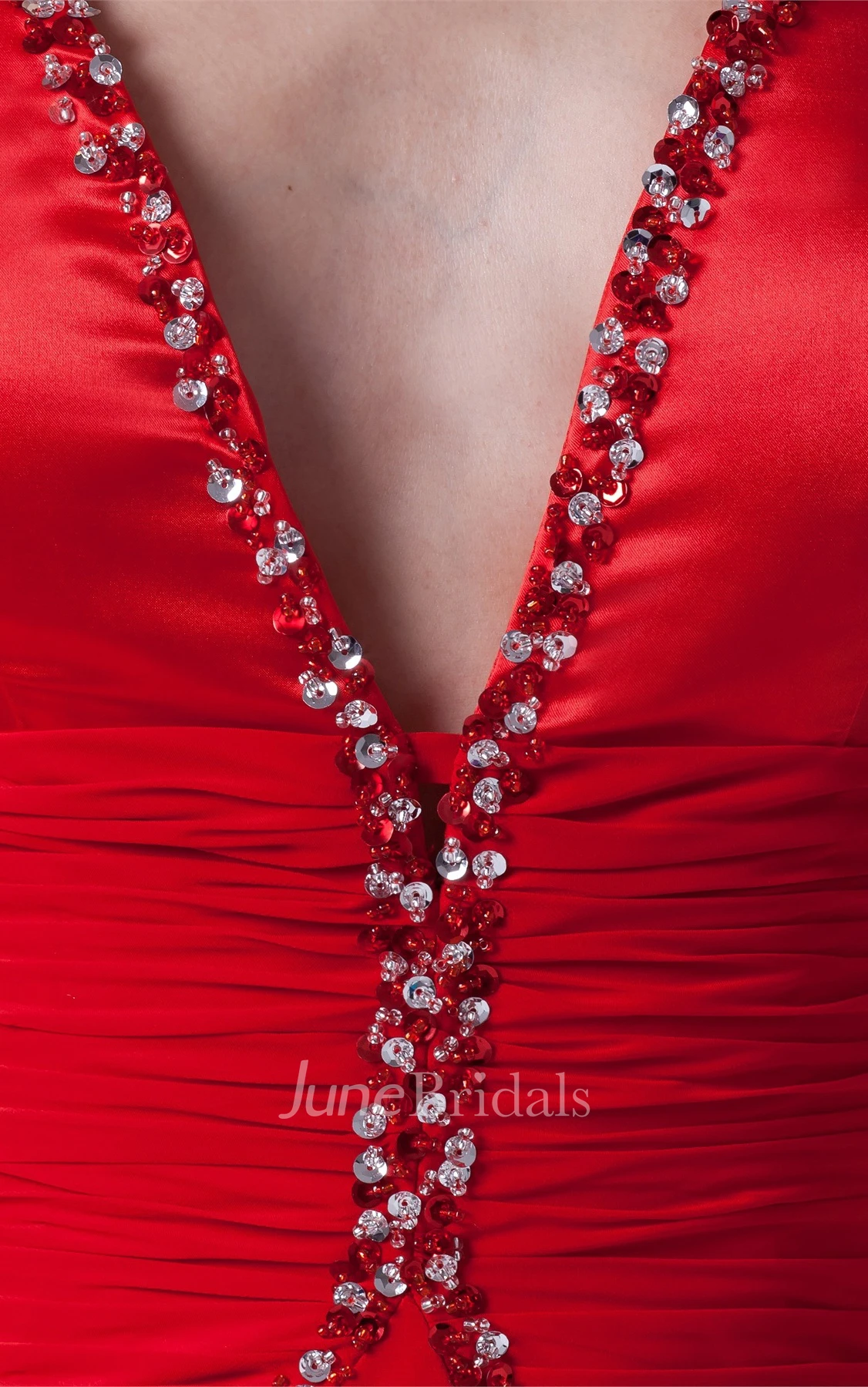 Deep-V-Neck Sleeveless Chiffon Maxi Dress with Beading and Ruching