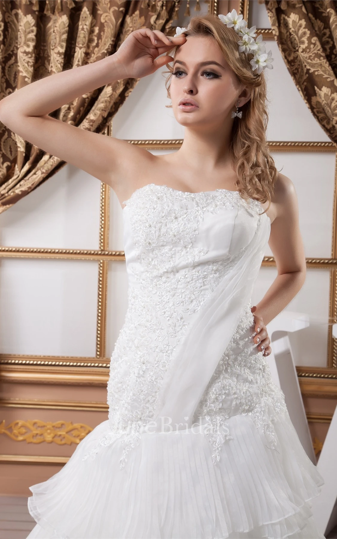 Strapless Ruffled A-Line Gown with Pleats and Appliqued Bodice