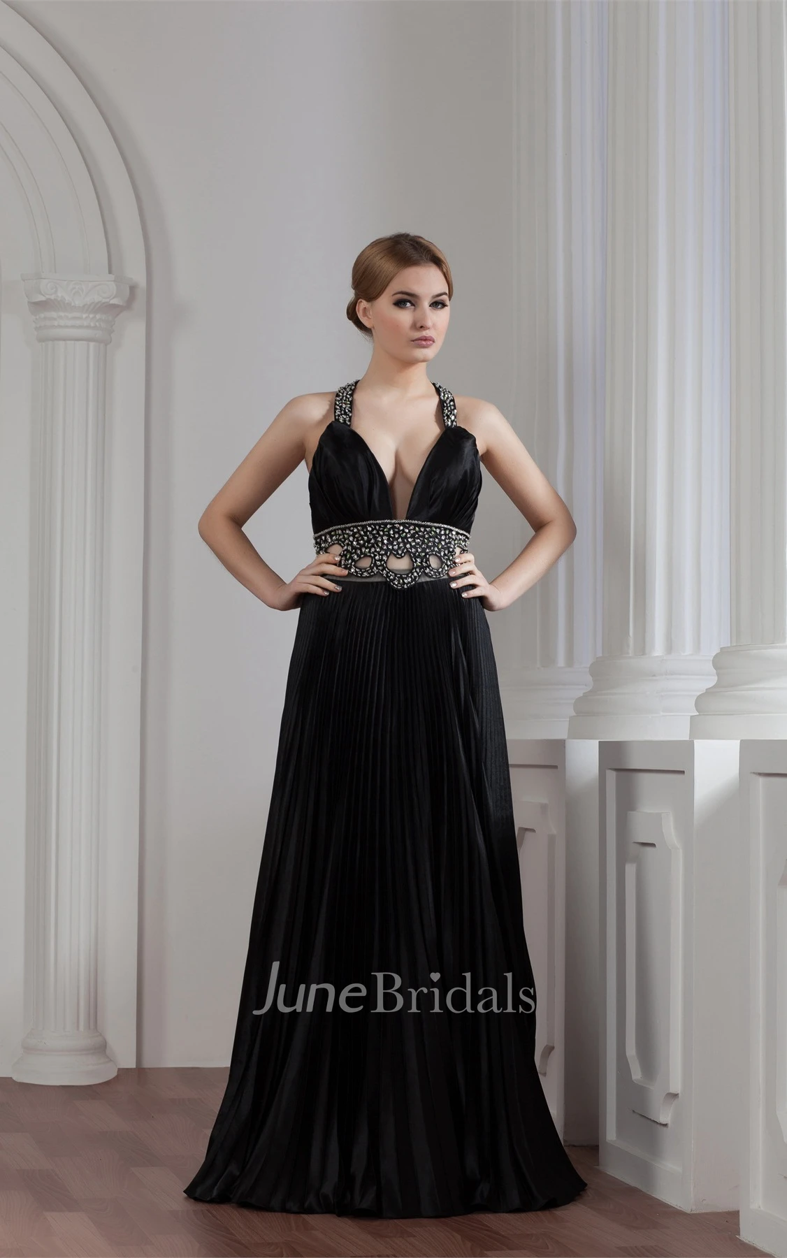 Plunged A-Line Floor-Length Gown with Beading and Keyhole