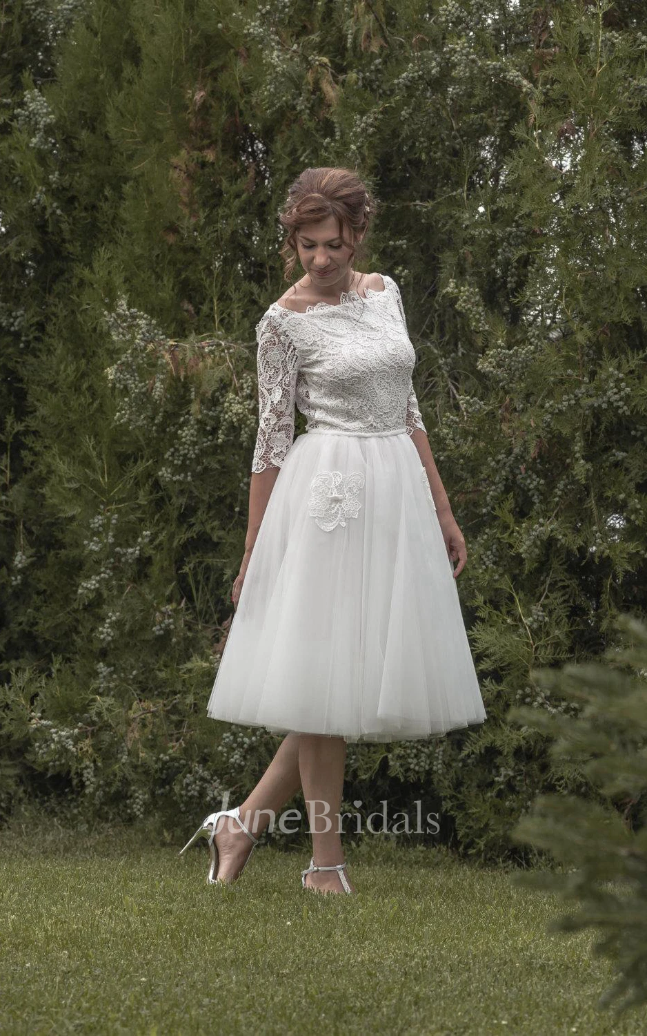 Vintage Inspired Tea Length Tulle Wedding Dress With Lace Bodice