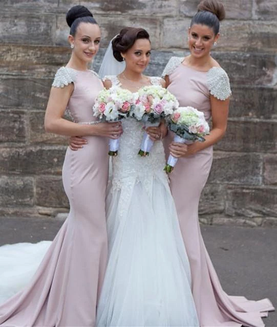 Modern Jewel Cap Sleeve Mermaid Bridesmaid Dress With Beadings