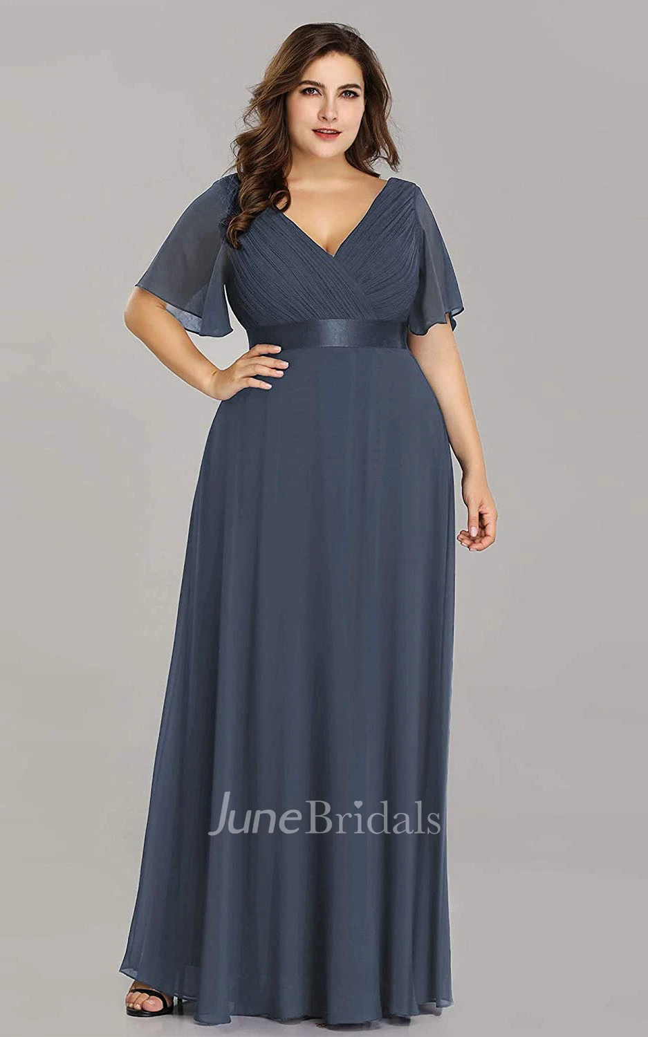 A Line V-neck Chiffon Half Sleeve Prom Dress With Criss Cross and Ruching