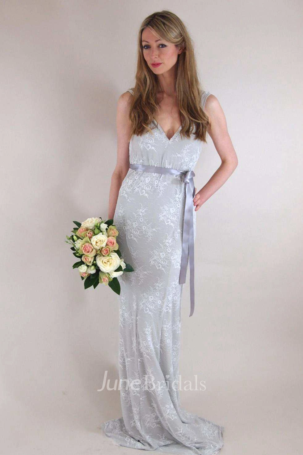 Sheath Plunged Sleeveless Empire Lace Dress With Bow