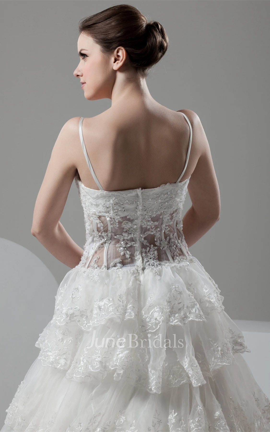 Plunged Tiered Lace A-Line Gown with Spaghetti-Straps