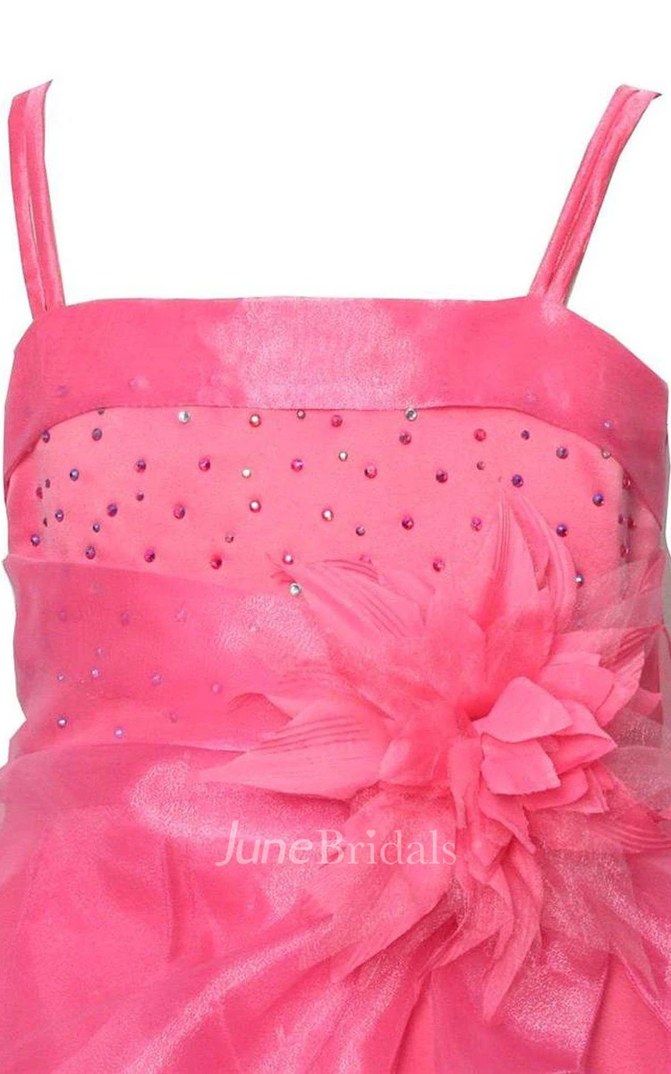 Sleeveless A-line Ruffled Dress With Flower and Straps