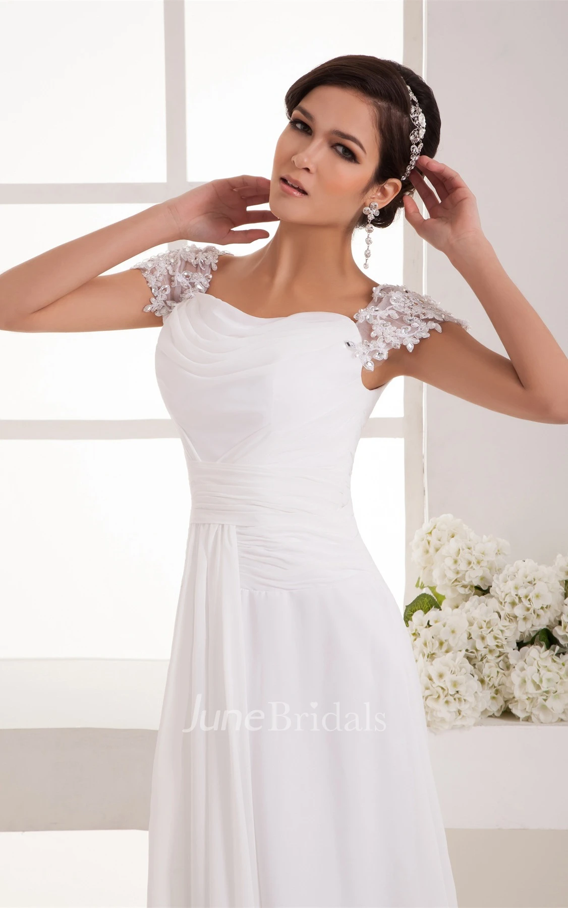 Caped-Sleeve Chiffon Maxi Dress with Ruching and Pleats