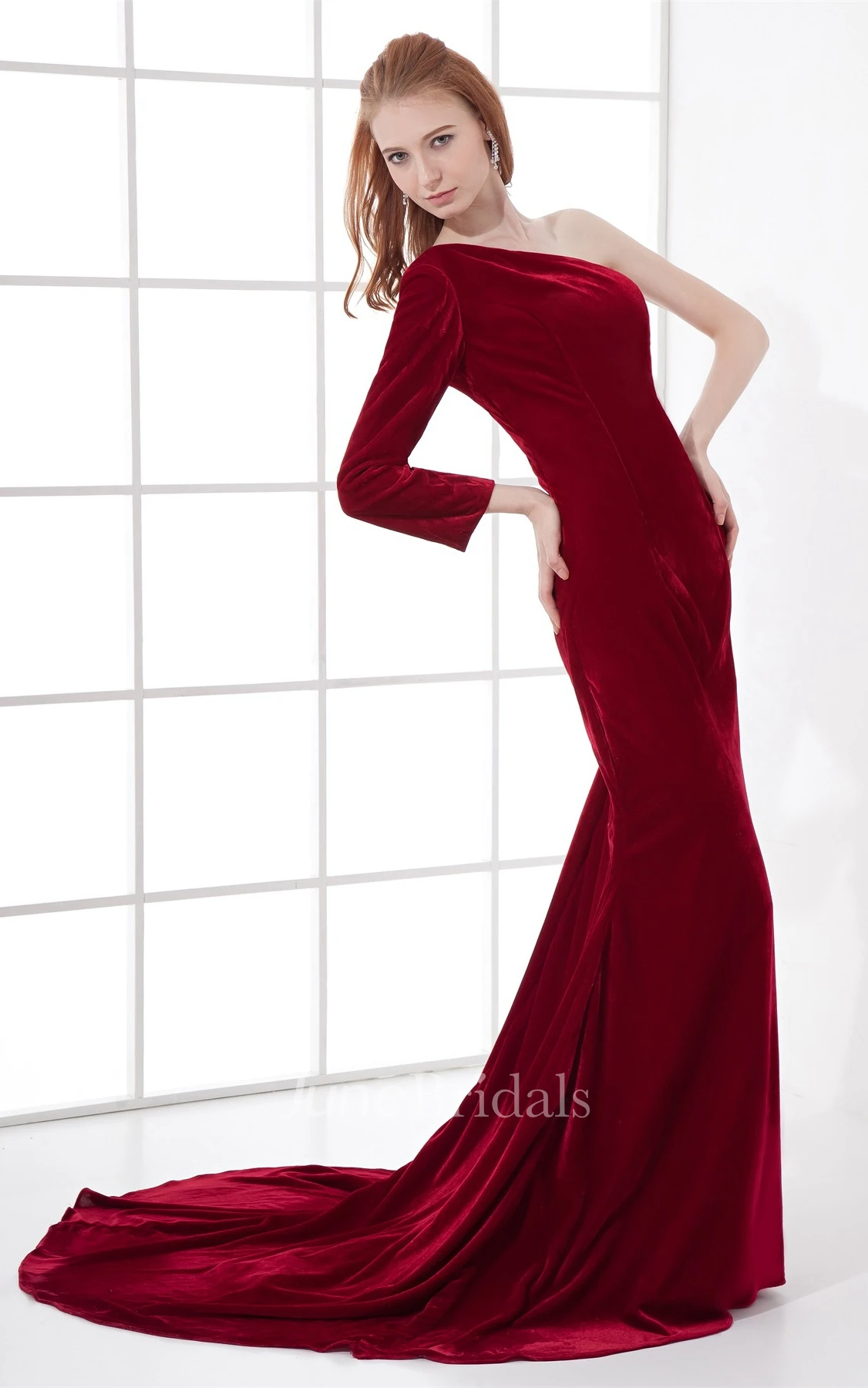 glam maxi sheath dress with one-sleeve design and brush train