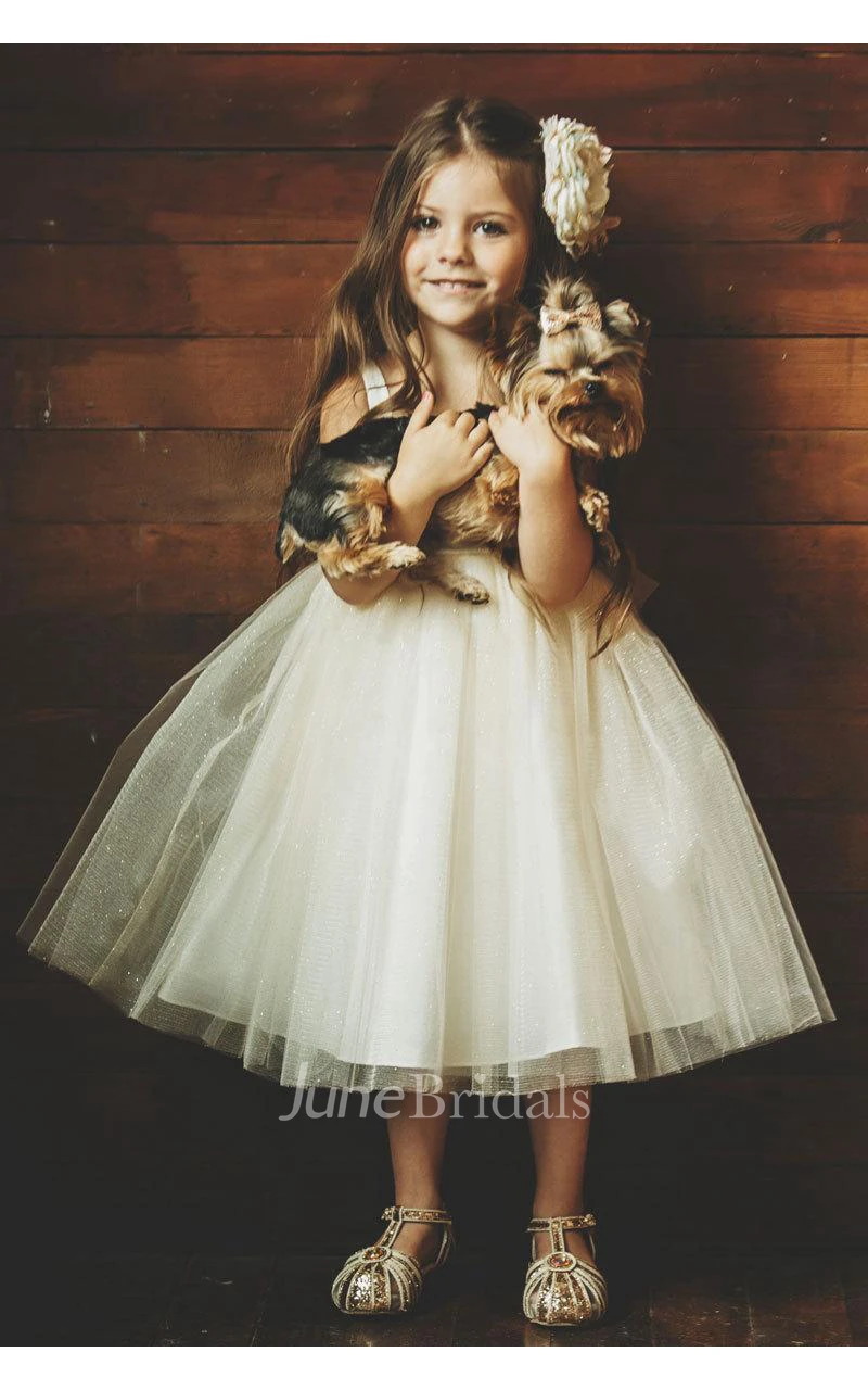 Sleeveless Pleated Gold Satin and Tulle Flower Girl Dress