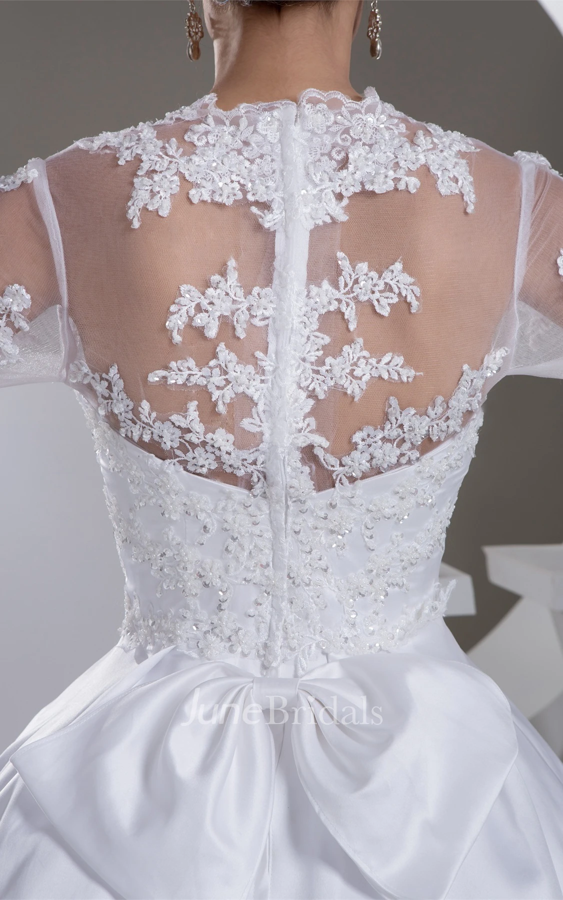 Scalloped-Neck Long-Sleeve Beaded Ball Gown with Illusion