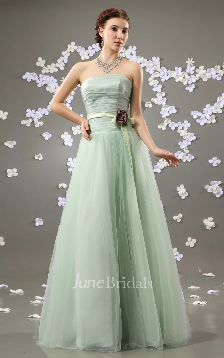 Flattering Strapless A-Line Dress With Satin Sash And Flower
