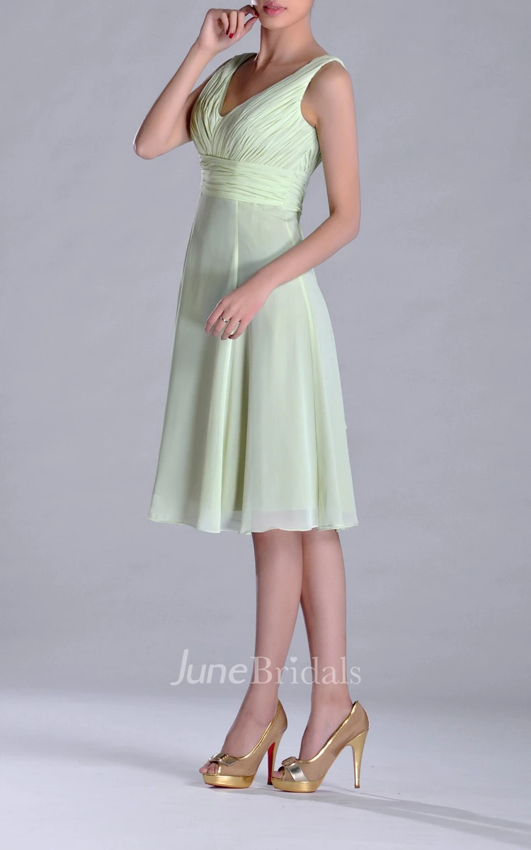 Knee-length V-Neckline Empire Chiffon Bridesmaid Dress With Deep-V Back Style