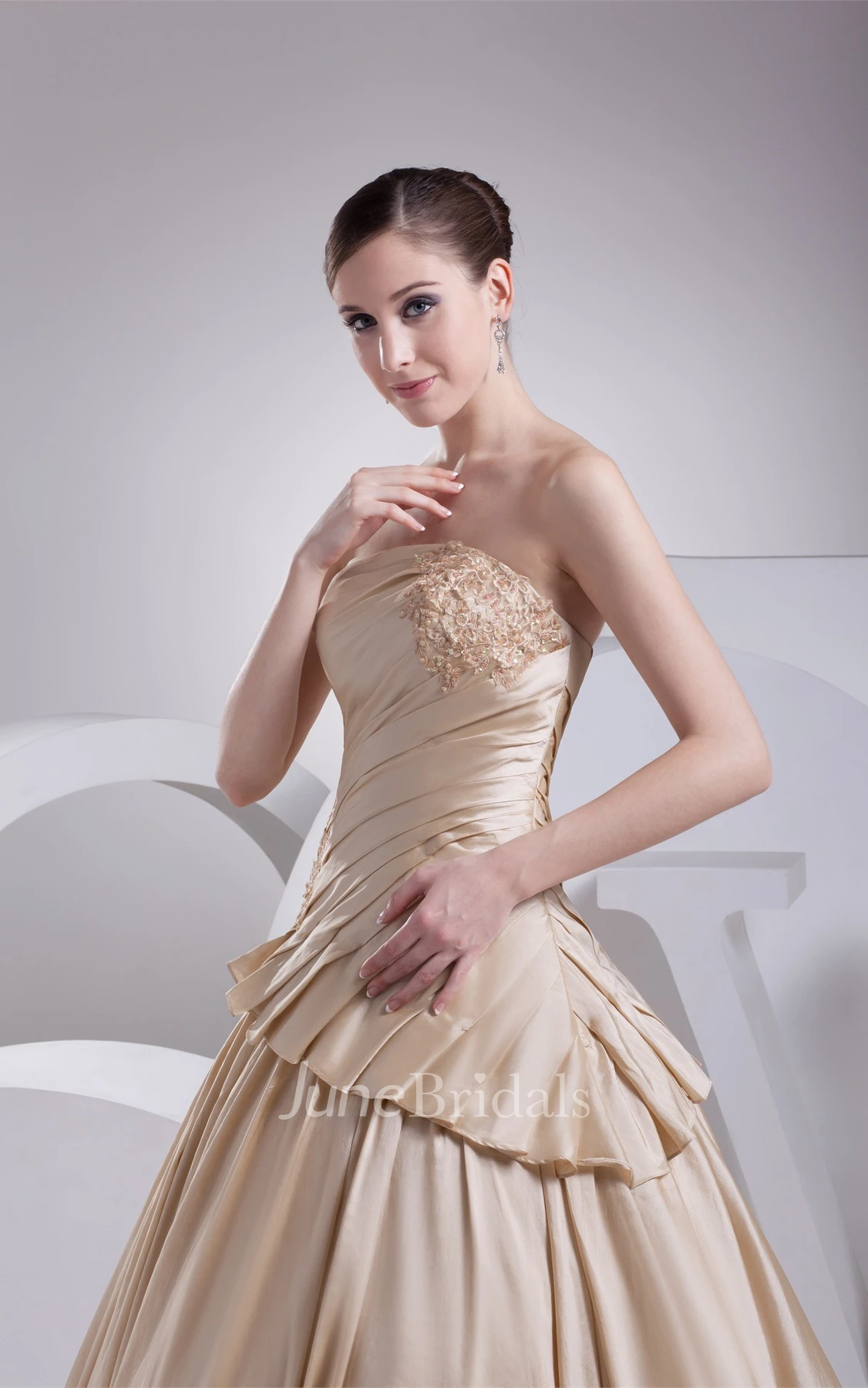 Strapless Pleated A-Line Gown with Ruching and Appliques