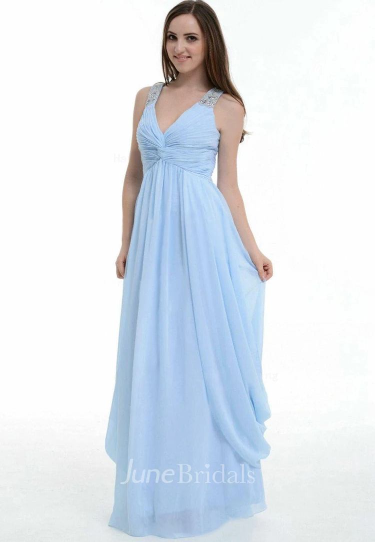 V-Neck Chiffon Empire Dress With Beading And Draping