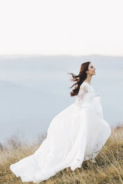 Chiffon Long Sleeve Illusion Wedding Dress With Deep V-back And Court Train