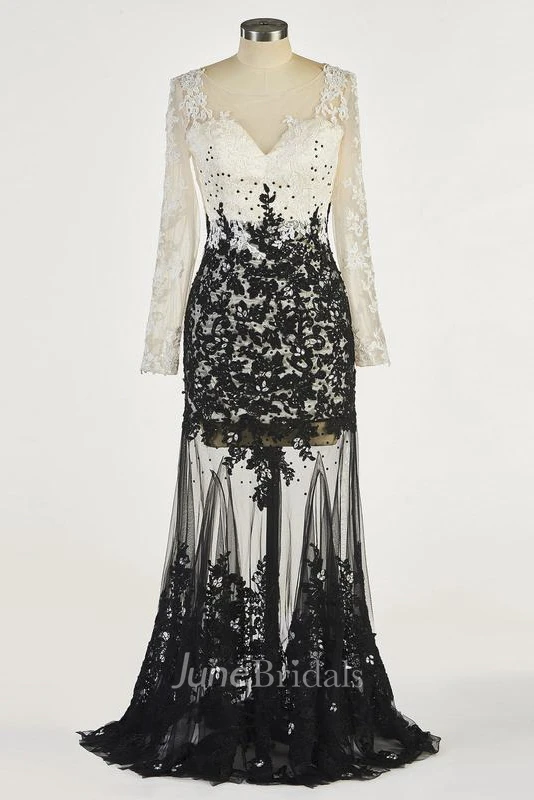 Two Tune Sexy Illusion Long Sleeve Mermaid Gown With Appliques And Beading