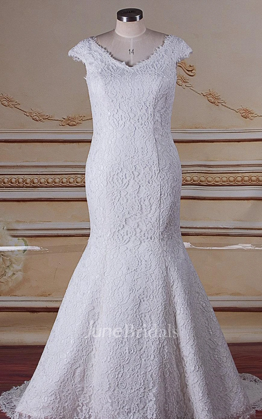 Mermaid V-Neck Cap Sleeve Lace Satin Weddig Dress