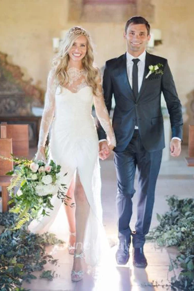 Vintage Bohemian Sheath Sheer Bateau Neck Long Sleeves High Slit Lace Bridal Gown