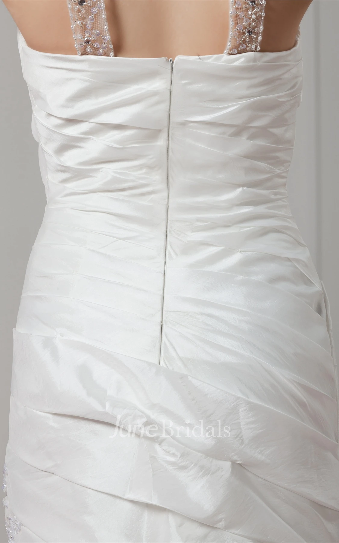 Sleeveless Column Ruched Gown with Appliques and Jeweled Neckline
