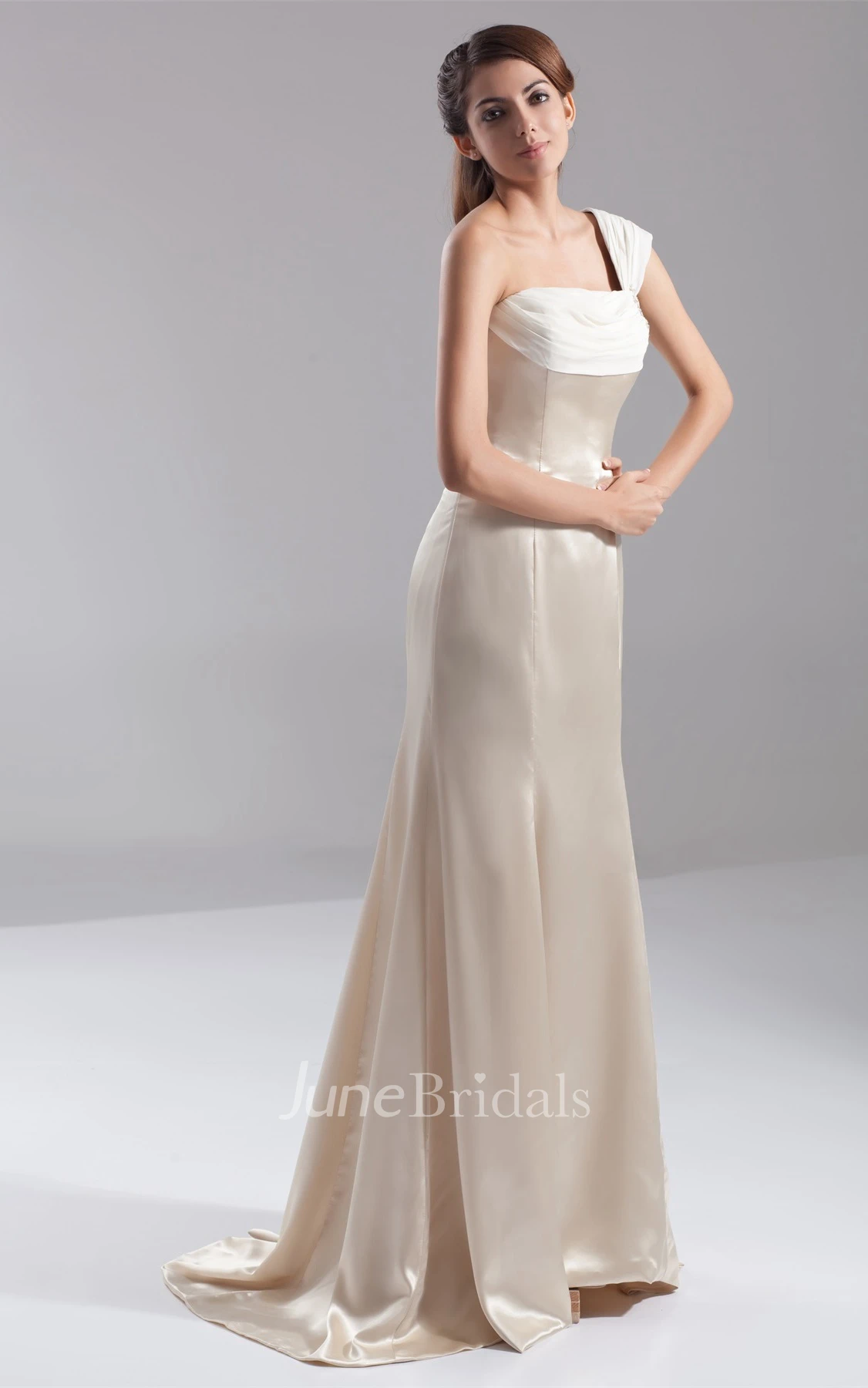 one-shoulder a-line maxi satin dress with brush train