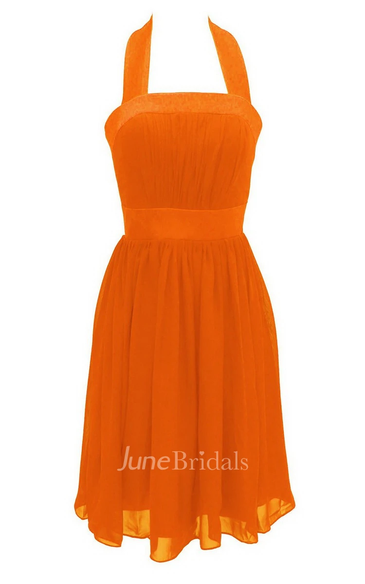 Halter Pleated Chiffon A-line Gown With Satin Band