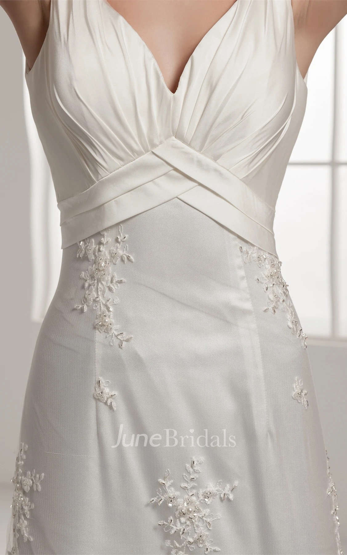 Deep-V-Neck Sheath Floor-Length Dress with Appliques and Ruching