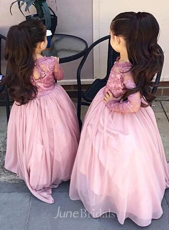 Modern Long Sleeve Appliques Pink Flower Girl Dress Floor-length