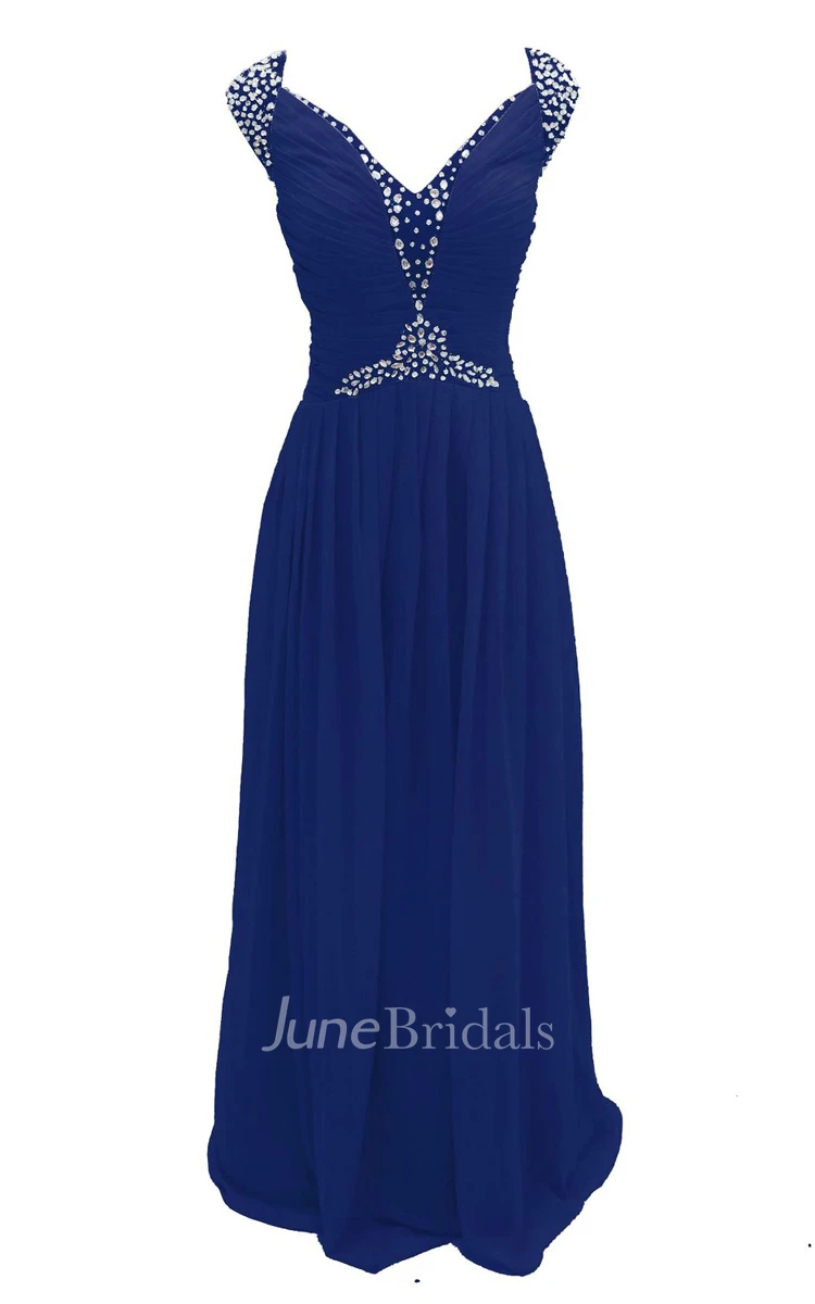 Cap-sleeve V-neck Chiffon A-line Gown With Crystal Detail