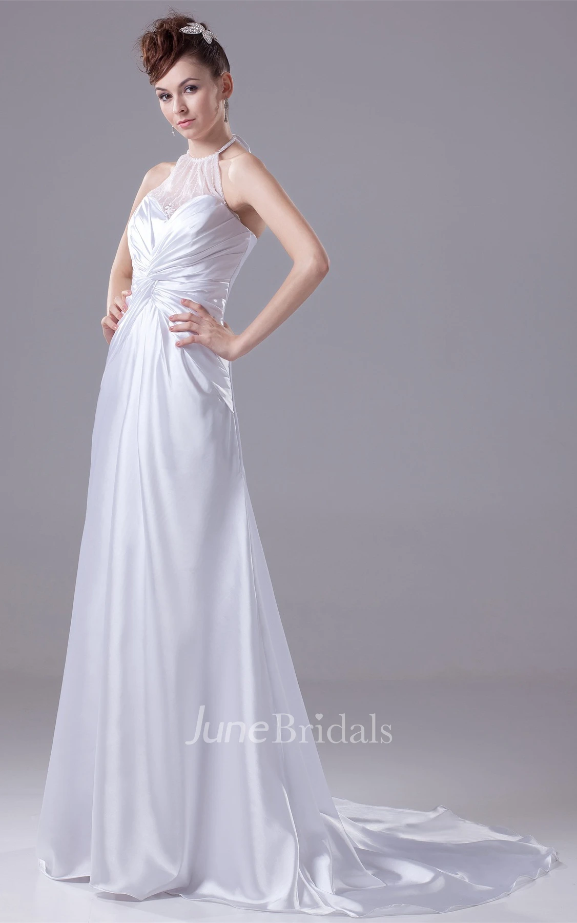 High-Neck Illusion Sweetheart A-Line Satin Gown with Court Train