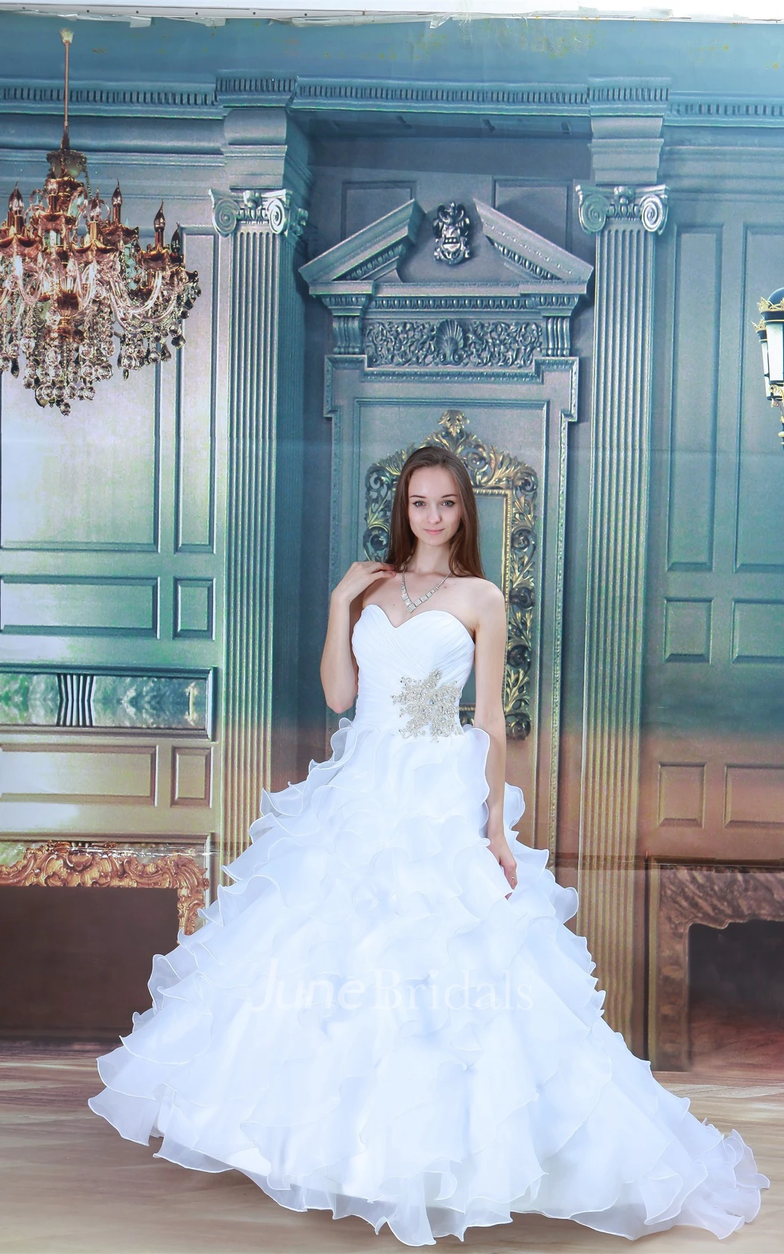 sweetheart ruffled criss-cross gown with tiers and appliques