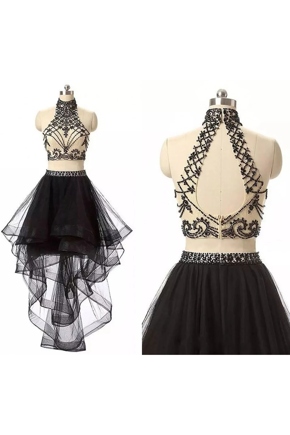 Two Piece High Neck Sleeveless Beading Pleats Ruffles High-low Tulle Homecoming Dress