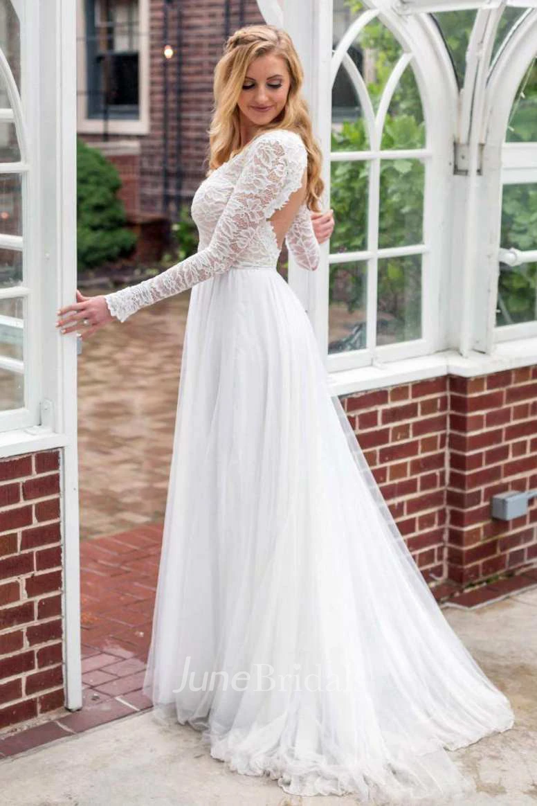 Long Sleeve Chiffon Tulle Lace Wedding Dress