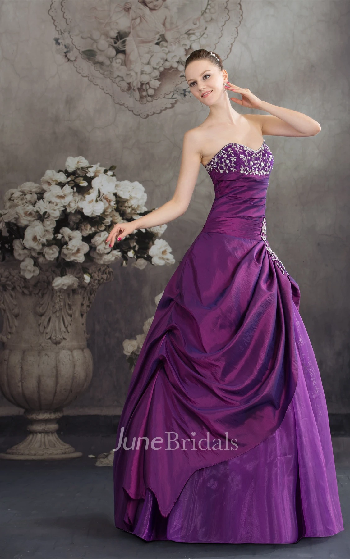 Sweetheart Satin Pick-Up Appliqued Gown with Stress and Embroideries