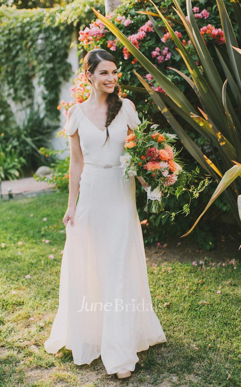 V-Neck Cap Low-V Back Chiffon Wedding Dress With Sash And Crystal Detailing