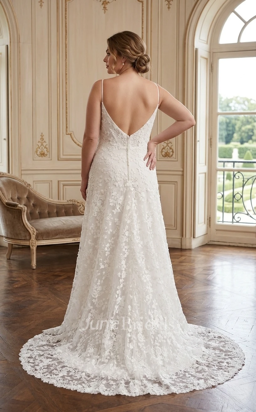 Beach Lace A-Line Wedding Dress Boho V-Neck Spaghetti Gown with Slit