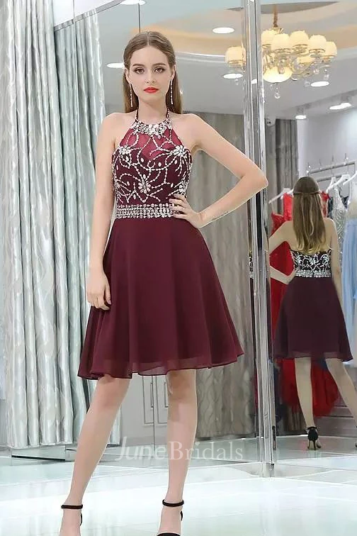 A-line Halter High Neck Sleeveless Beading Knee-length Chiffon Homecoming Dress