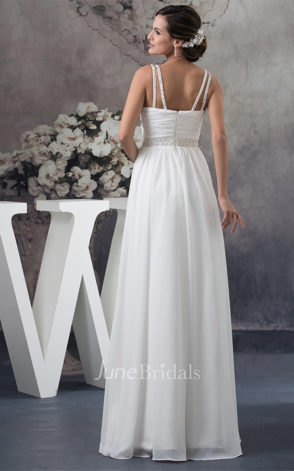 Flowered Sleeveless Ruched Floor-Length Chiffon Gown with Crystal Detailing
