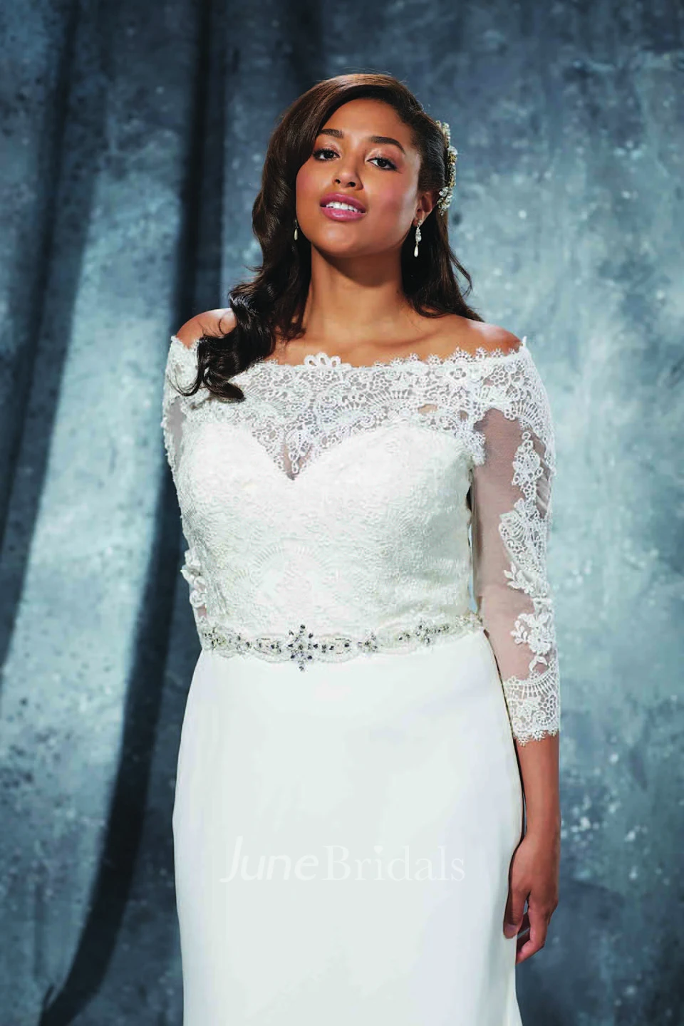 Trumpet Long Off-The-Shoulder 3-4-Sleeve Brush Train Illusion Waist Jewellery Dress