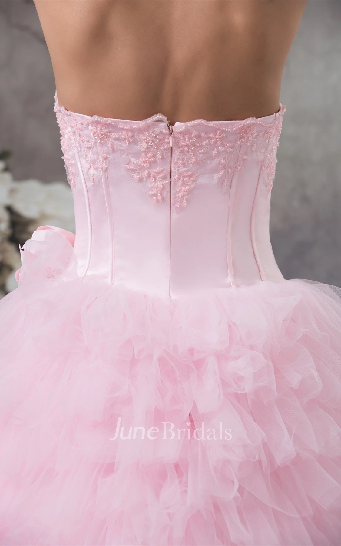 Strapless Ruffled Ball Gown with Appliques and Bolero
