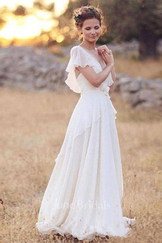 Modest Country Boho A Line Sheer Cap Sleeve Wedding Dress Deep V Neck Backless Flower Beading Pleats Chiffon Bridal Gown June Bridals