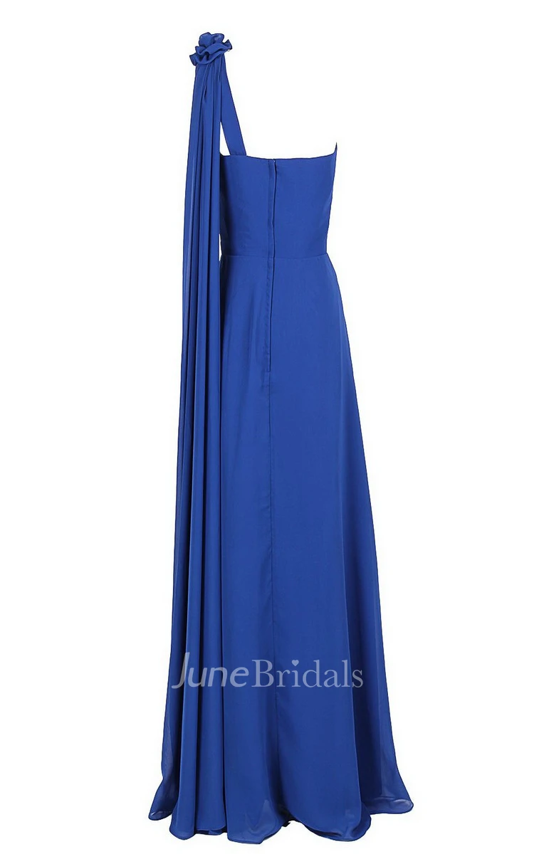 One-shoulder Chiffon Gown With Flower and Pleats