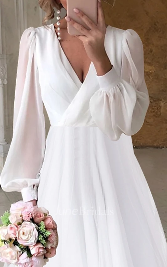 Simple Modest A-Line Poet Long Sleeve Winter Wedding Dress Unique Flowy Chiffon Asymmetrical Tea Length High Low Bridal Gown